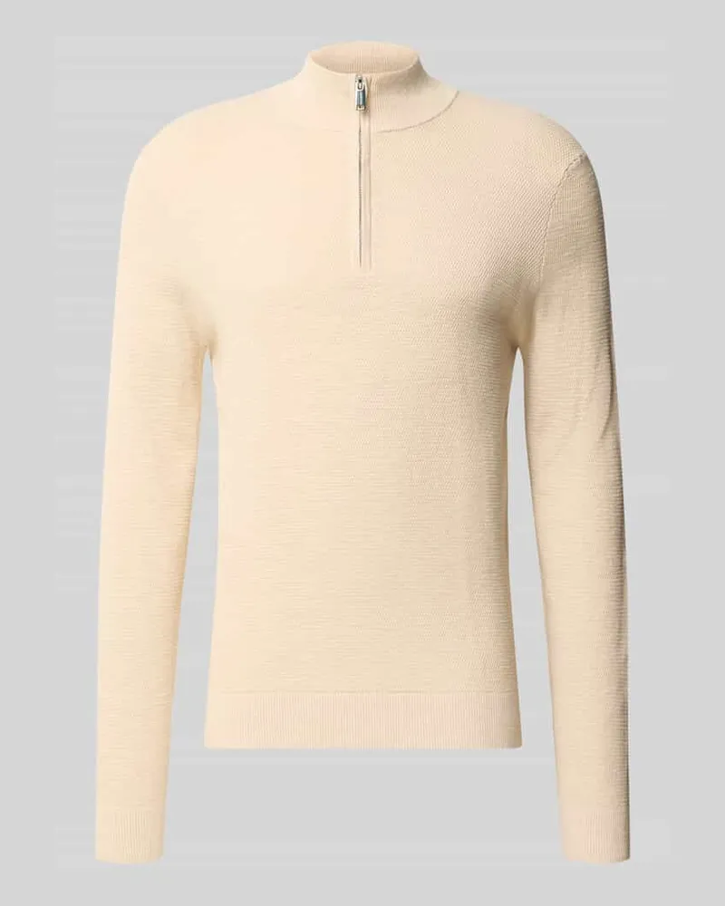 Profuomo Slim Fit Strickpullover aus Baumwoll-Mix mit Troyer-Kragen Offwhite