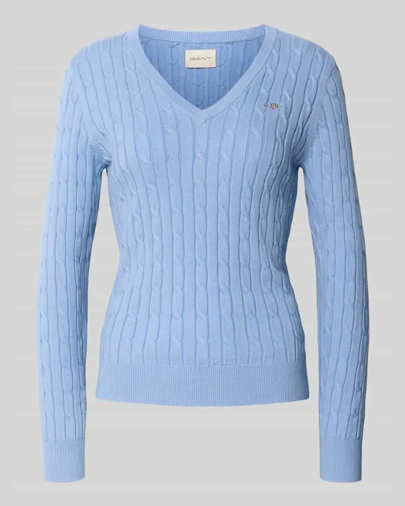 Gant Pullover mit Logo-Stitching und Zopfmuster Hellblau