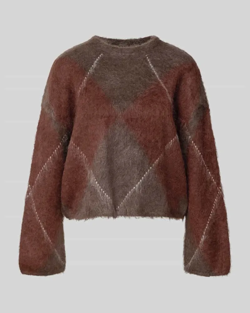 Y.A.S Strickpullover im Allover-Look mit Rundhalsausschnitt Dunkelbraun