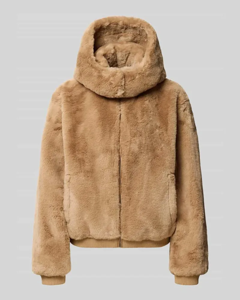 Guess Regular Fit Bomberjacke aus Kunstfell mit Kapuze Ecru