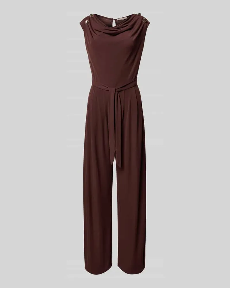 Rinascimento Cocktail-Jumpsuit mit Wasserfall-Ausschnitt und Bindegürtel Schoko
