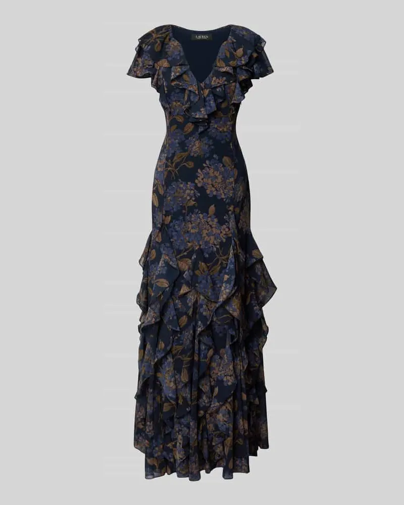 Ralph Lauren Eng anliegendes Abendkleid mit Rüschen Dunkelblau