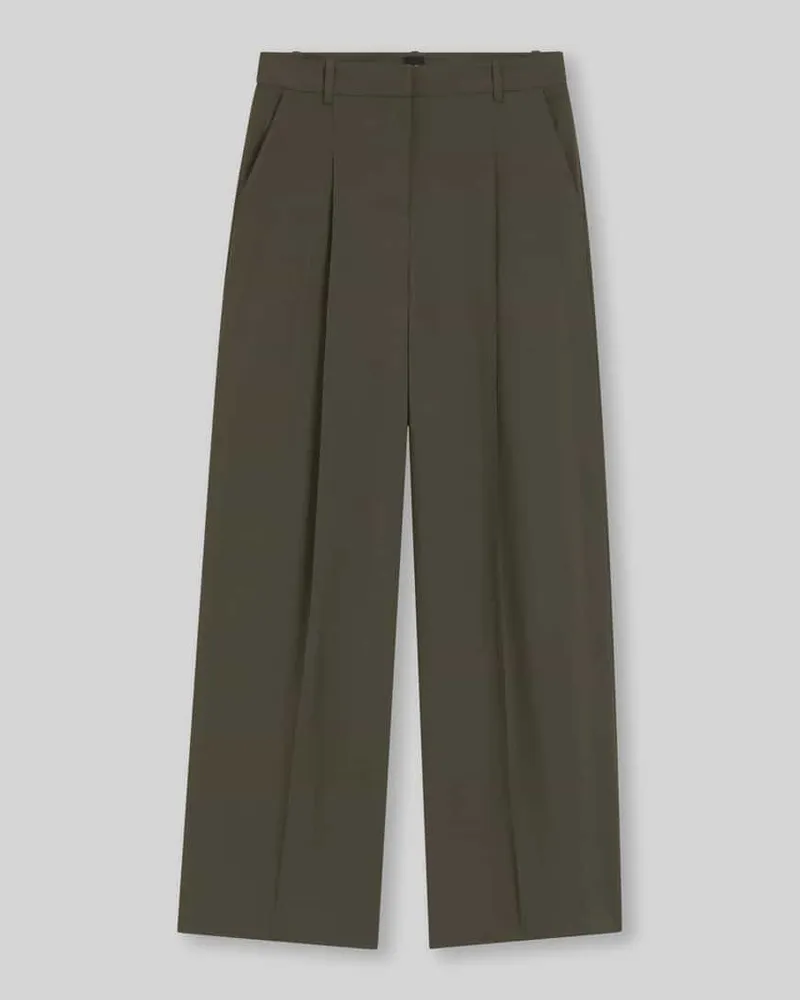 HUGO BOSS Wide Leg Hose aus Viskose-Mix mit Bundfalten Oliv