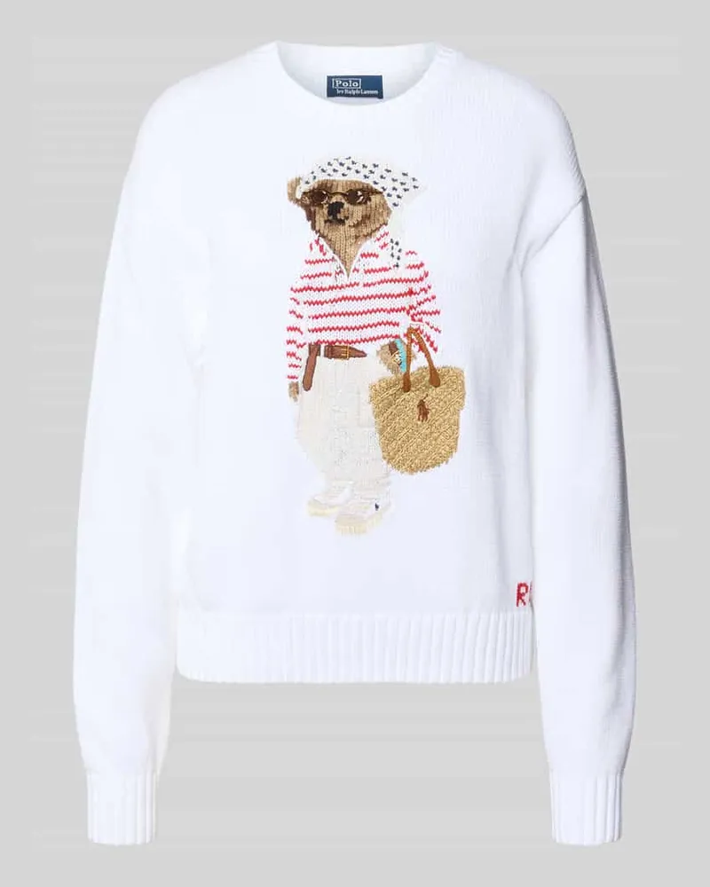 Ralph Lauren Regular Fit Strickpullover aus Baumwoll-Leinen-Mix mit Bear Intarsien Weiss