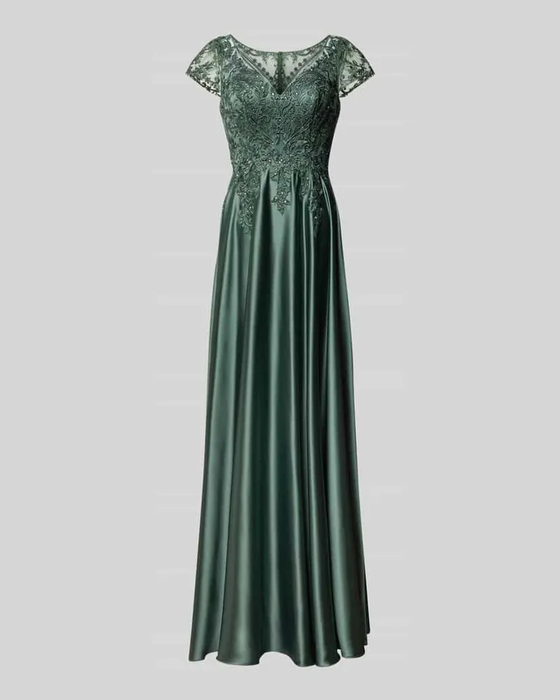 LUXUAR Tailliertes Abendkleid mit Spitzen- und Ziersteinbesatz Dunkelgruen