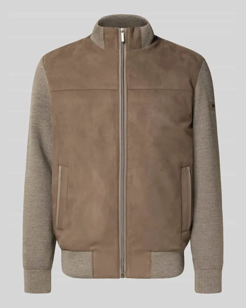 Bugatti Strickjacke mit Velourfront und Stehkragen Taupe
