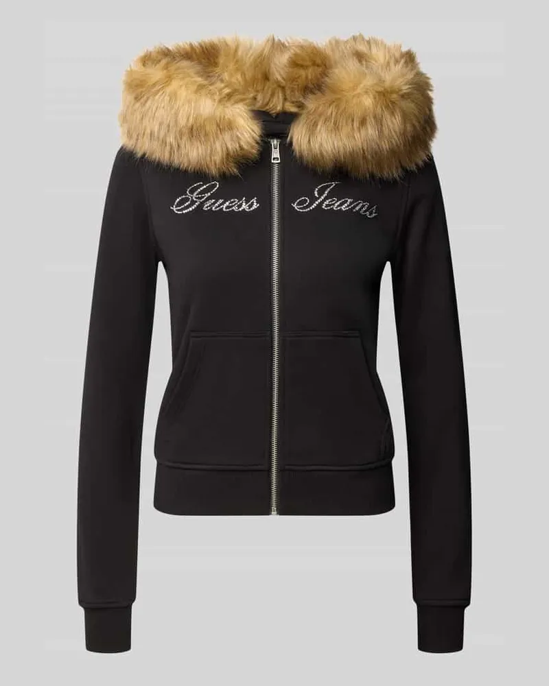 Guess Slim Fit Sweatjacke aus reiner Baumwolle mit Kunstfell Black