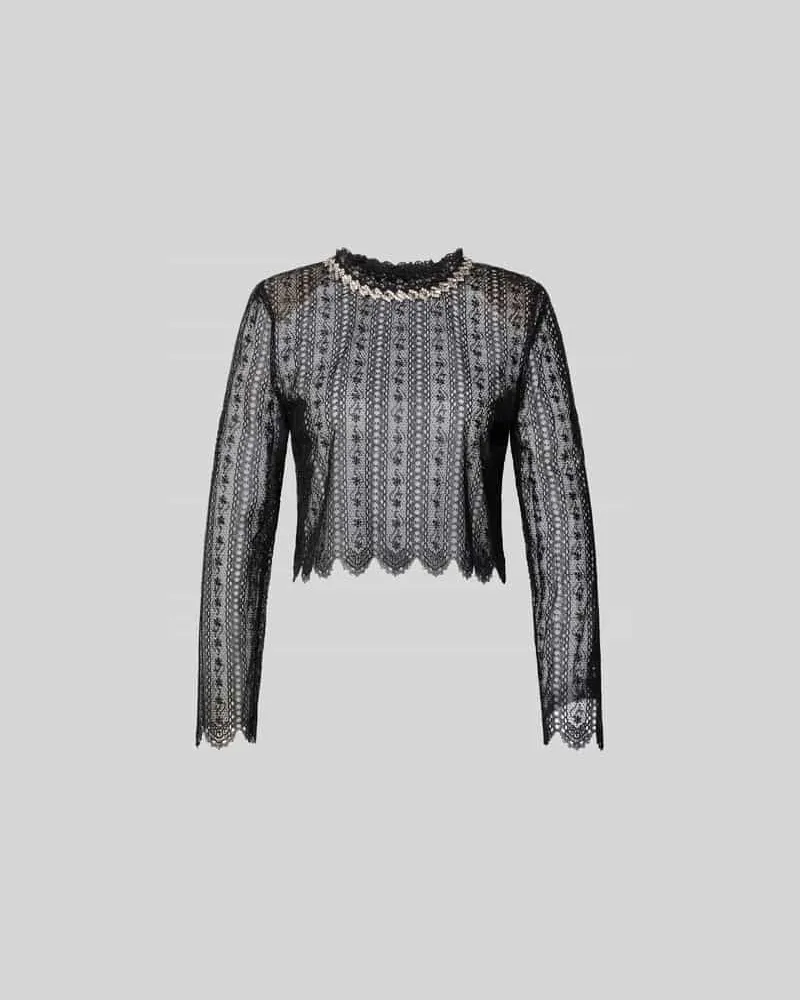 Self-Portrait Slim Fit Longsleeve aus floraler Spitze Black