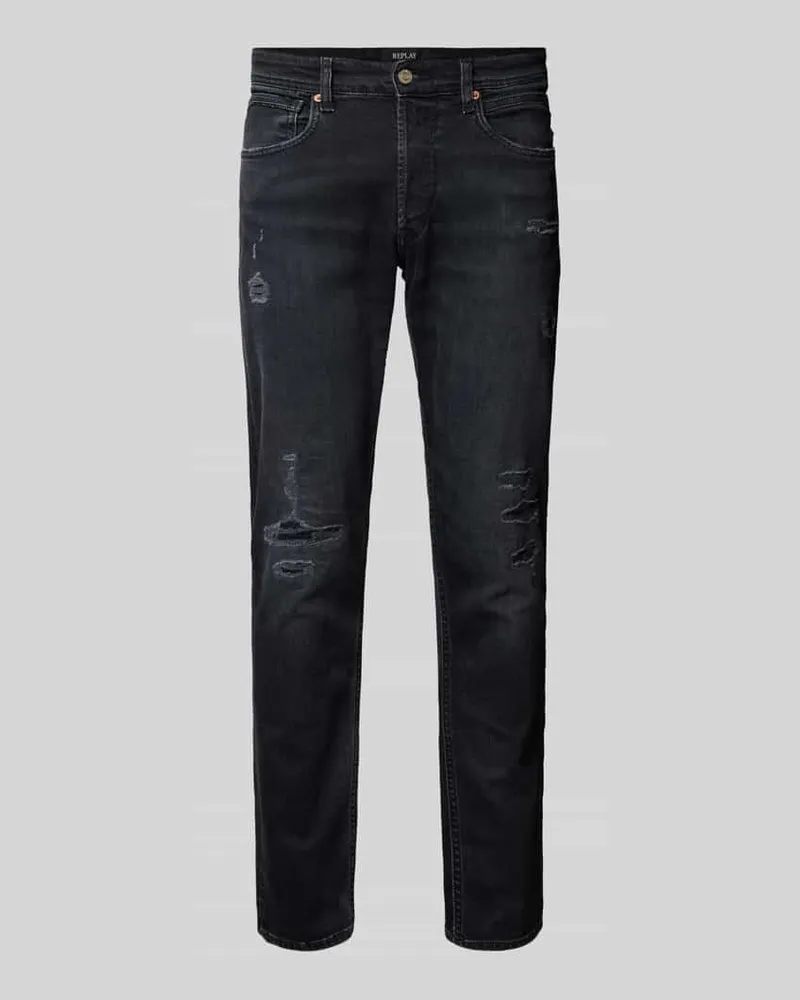 Replay Straight Fit Jeans im Destroyed-Look Modell 'GROVER Black