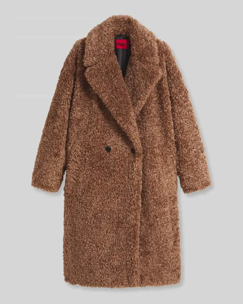 HUGO BOSS Oversized Fit Teddy- / Webpelzmantel mit Reverskragen Modell 'Malite-1 Mittelbraun