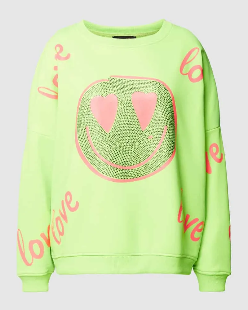 Miss Goodlife Sweatshirt mit Ziersteinbesatz Modell 'LOVE HEARTFACE Neon