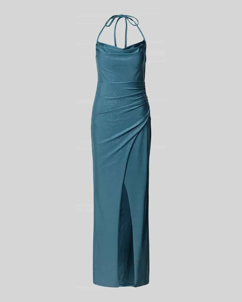 Vera Mont Abendkleid mit Wasserfall-Ausschnitt und Gehschlitz Rauchblau