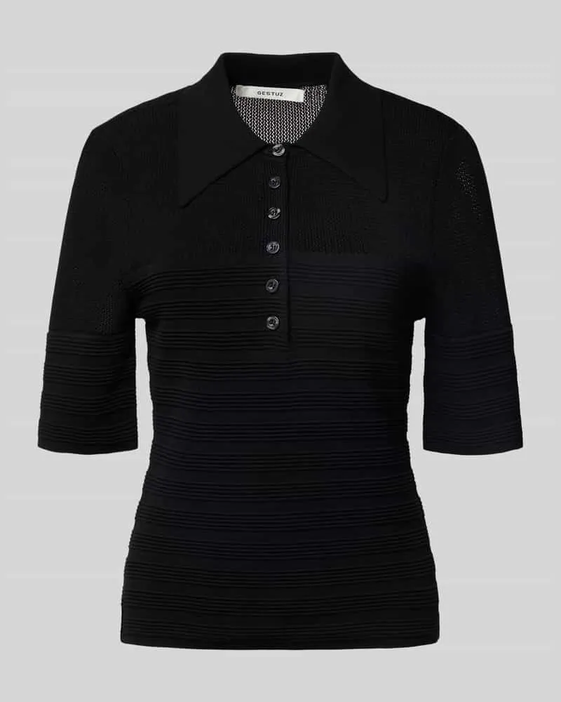 Gestuz Poloshirt aus Viskose-Mix mit kurzer Knopfleiste Black