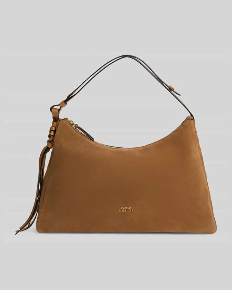 Tommy Hilfiger Henkeltasche aus echtem Veloursleder mit Label-Detail Cognac