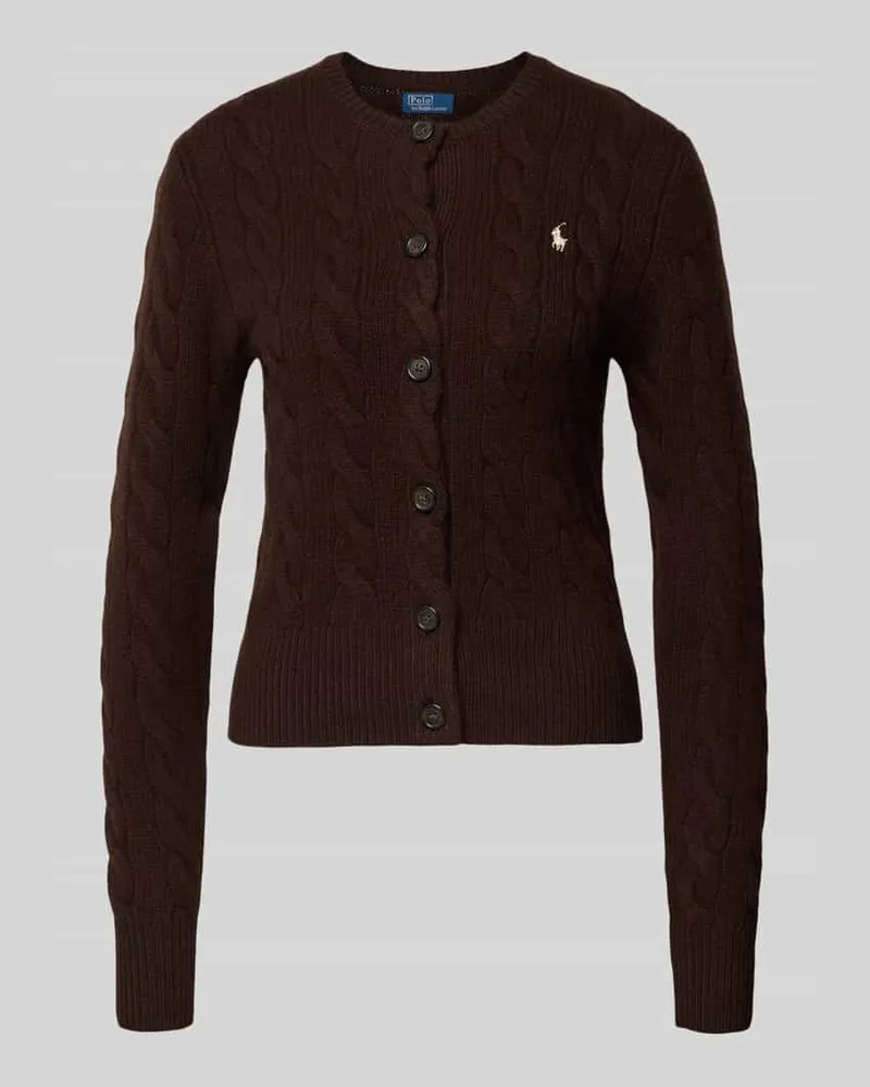 Ralph Lauren Strickjacke aus Leinen-Kaschmir-Mix mit Zopfmuster Dunkelbraun