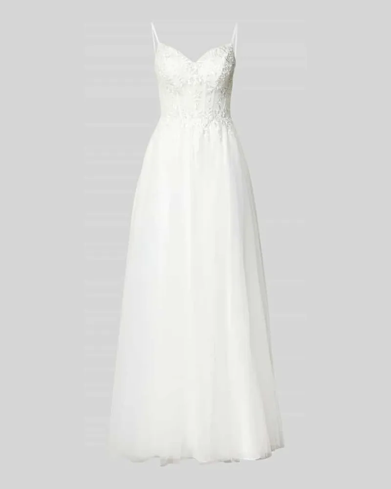 LUXUAR Abendkleid aus Tüll mit floralen Stitchings Offwhite