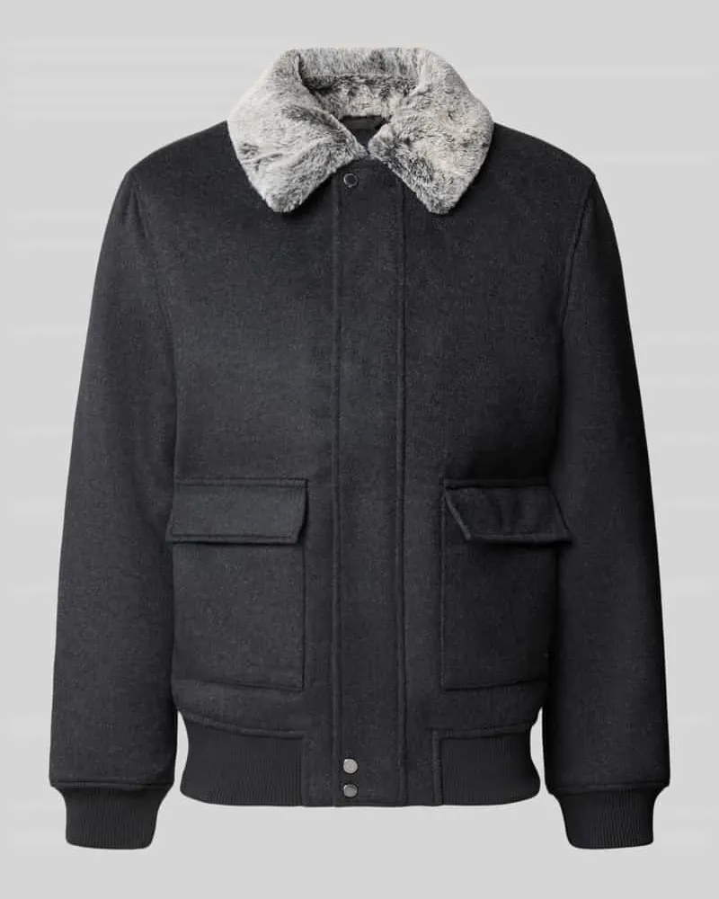 Christian Berg Regular Fit Wolljacke aus Woll-Mix mit Kunstfellkragen Anthrazit
