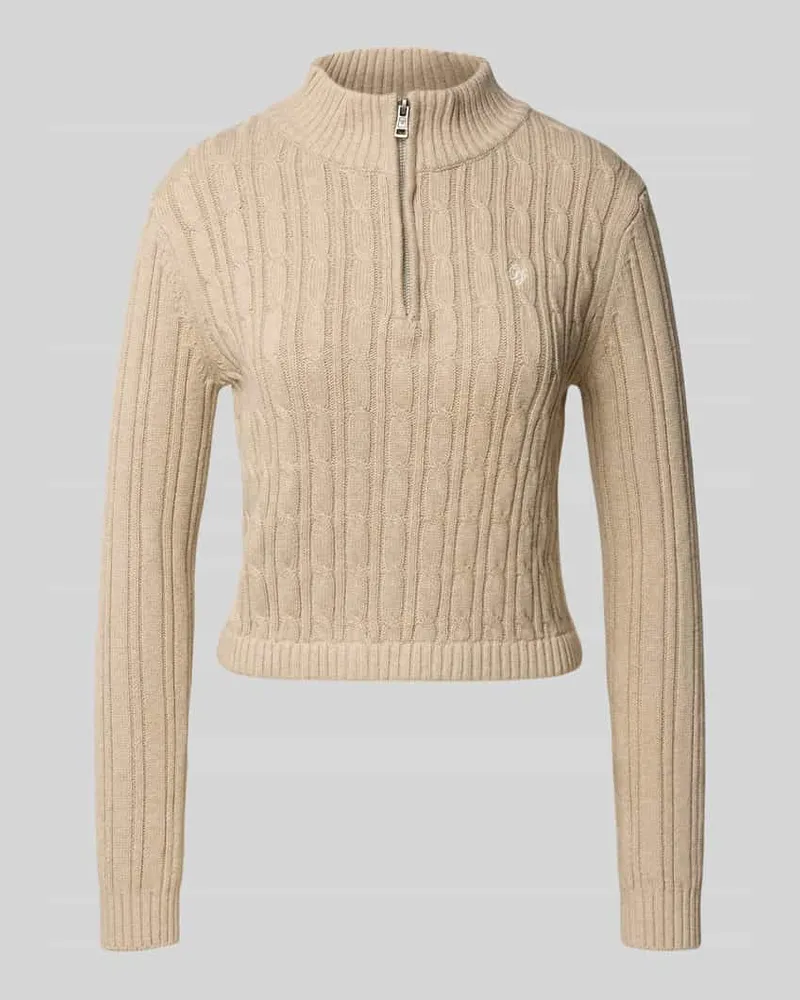 Guess Strickpullover mit Zopfmuster und Stehkragen Camel