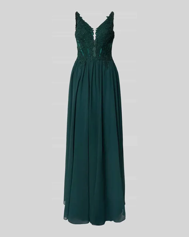 LUXUAR Abendkleid mit Spitzenbesatz und Ziersteinen Dunkelgruen