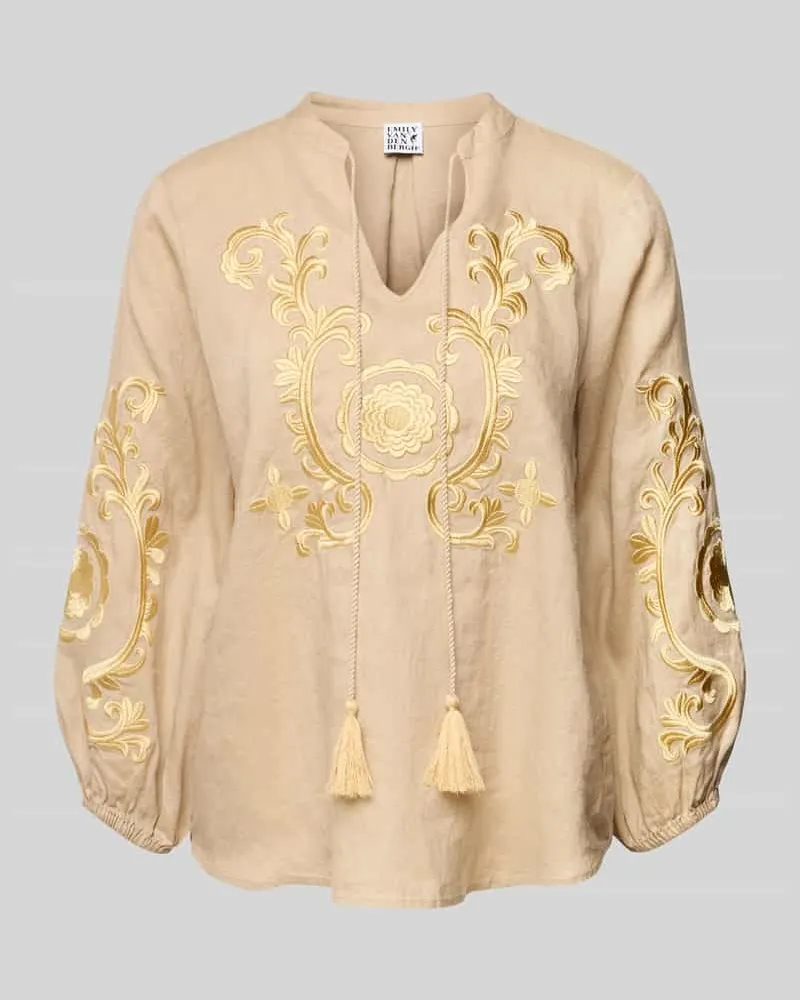 Emily van den Bergh Leinenbluse mit Motiv-Stitching und Quasten Sand