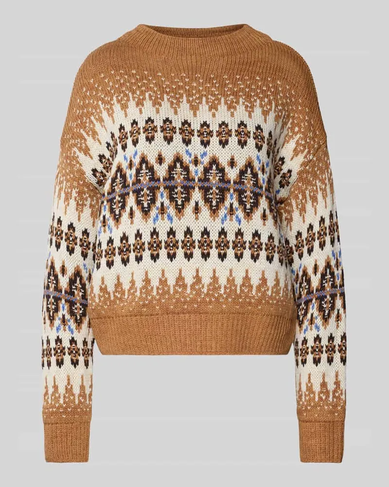 Oui  Norwegerpullover mit Rundhalsausschnitt Camel
