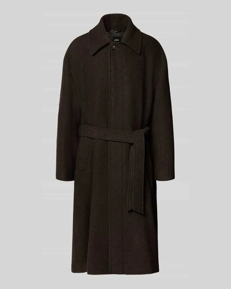 HUGO BOSS Wollmantel mit Bindegürtel Dunkelbraun