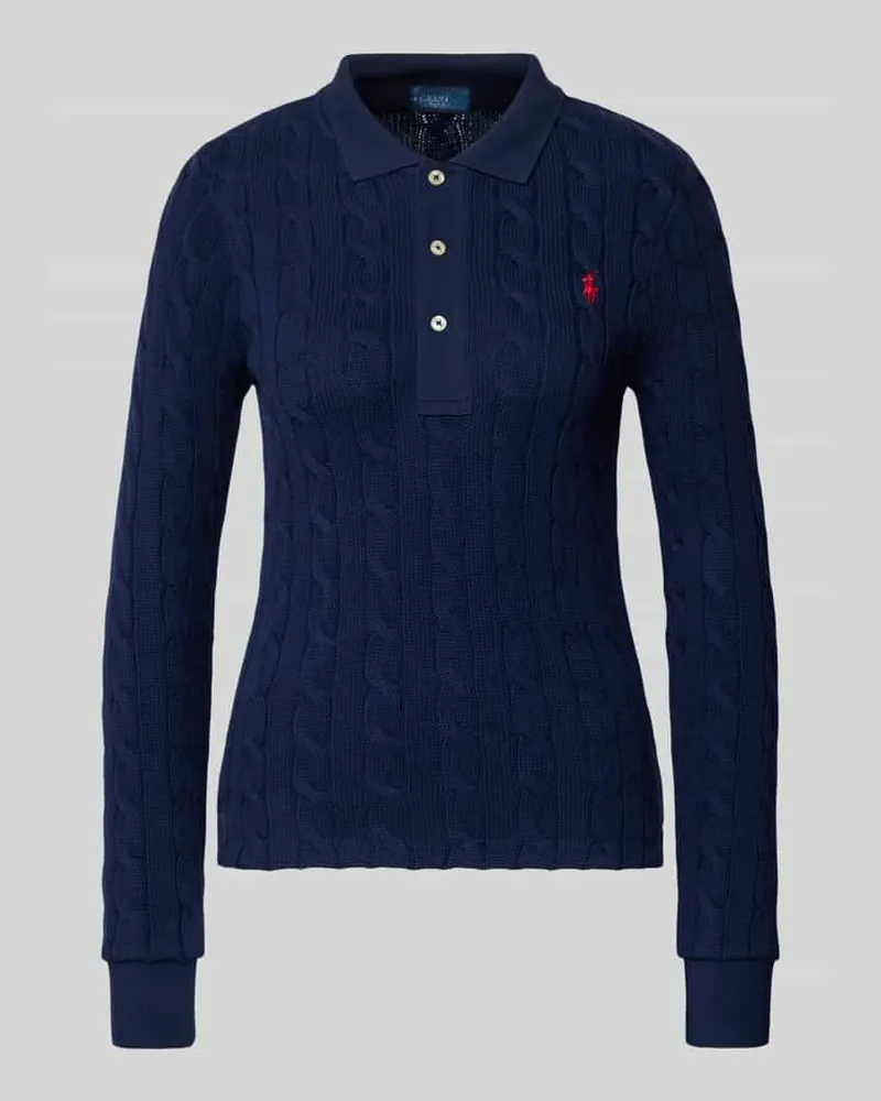 Ralph Lauren Strickpullover mit Zopfmuster und Polokragen Dunkelblau
