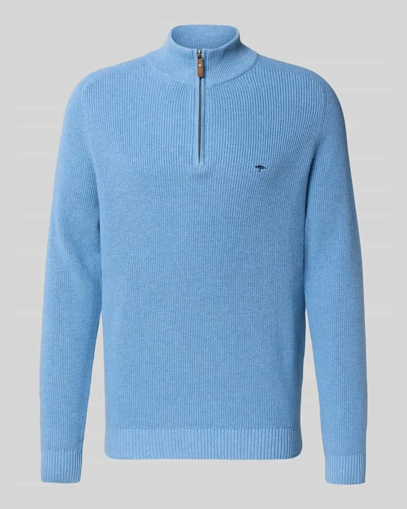 Fynch-Hatton Strickpullover mit Troyer-Kragen und Label-Stitching Hellblau