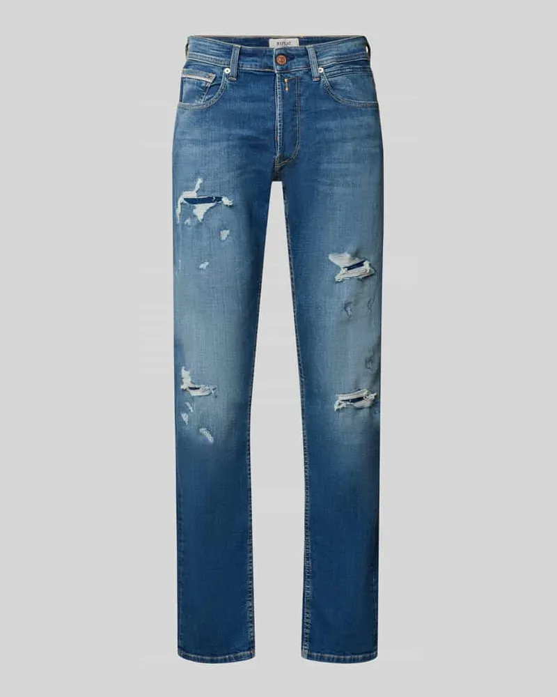 Replay Straight Fit Jeans im Destroyed-Look Modell 'Grover Jeansblau