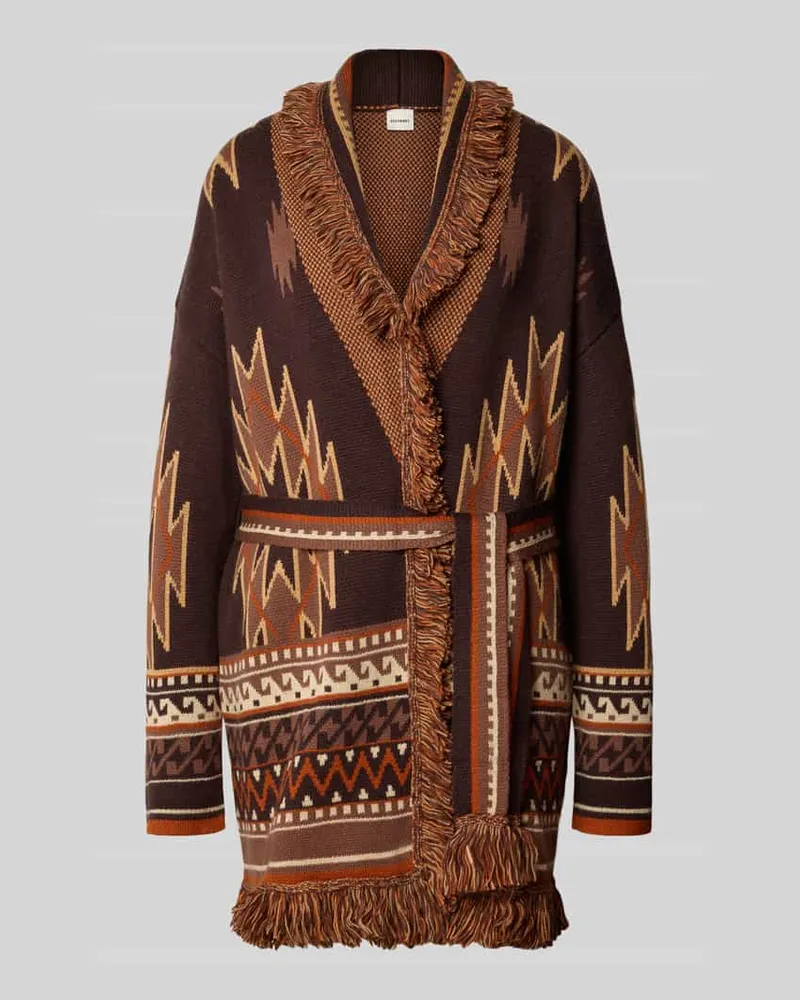 Stefanel Relaxed Fit Strickjacke aus Woll-Mix mit Fransen Mittelbraun