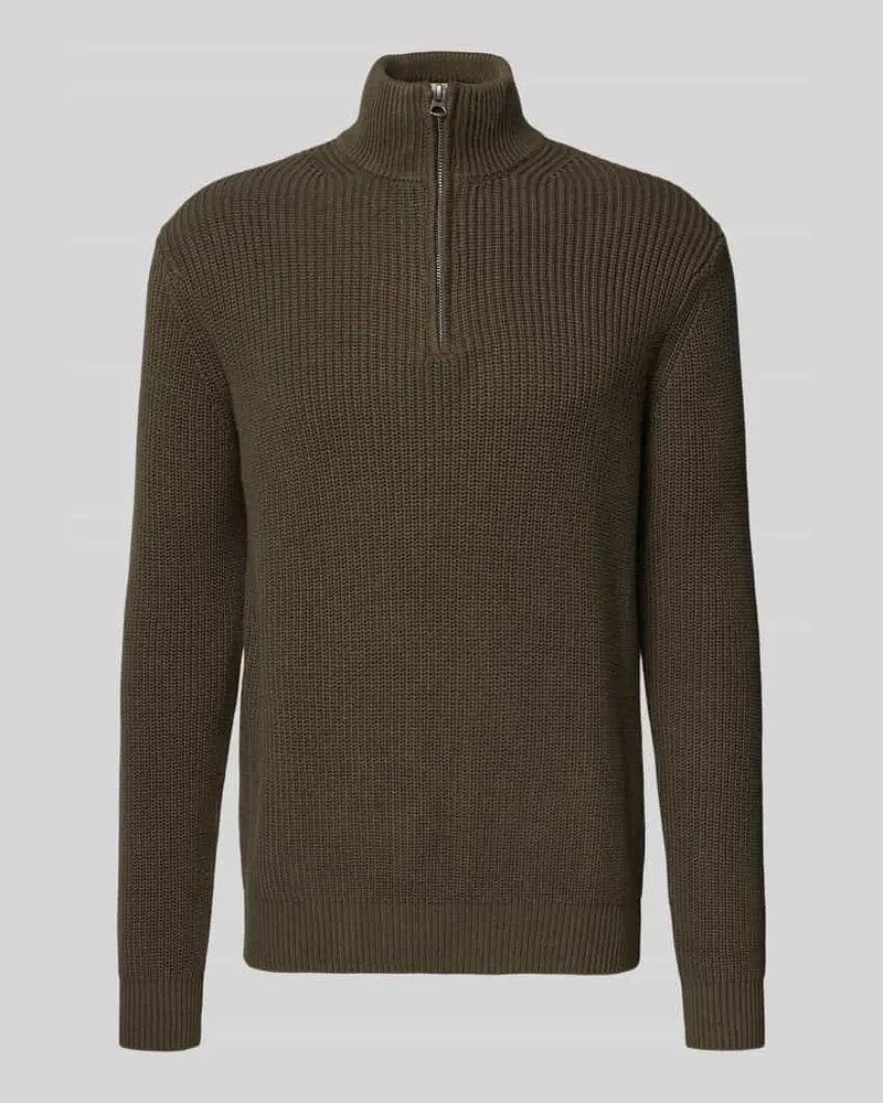 Replay Strickpullover mit Stehkragen und Reißverschluss Oliv