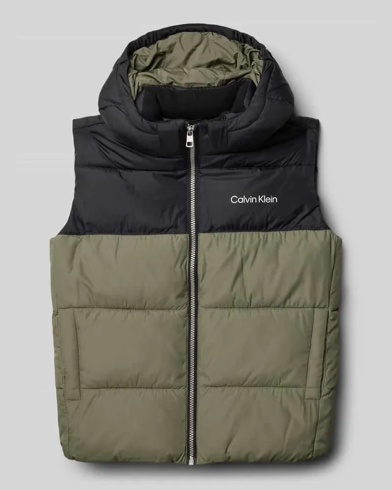 Calvin Klein Regular Fit Outdoorweste in Stepp-Optik mit Logo-Print Oliv