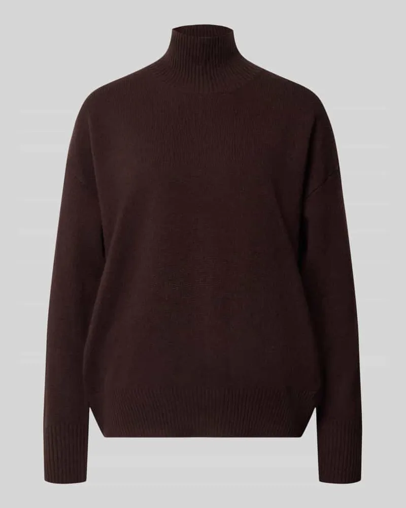 Stefanel Oversized Fit Strickpullover aus reiner Wolle mit Stehkragen Dunkelbraun