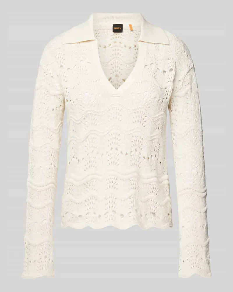 HUGO BOSS Strickpullover mit geripptem V-Ausschnitt Modell 'Fyder Offwhite
