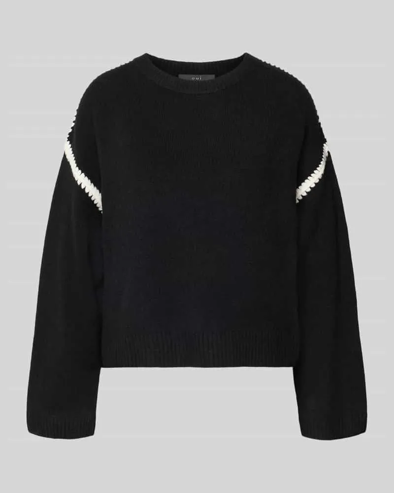 Oui  Strickpullover mit Rundhalsausschnitt und Kontraststreifen Black