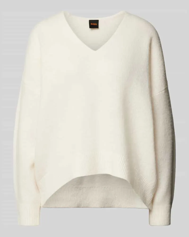 HUGO BOSS Strickpullover mit V-Ausschnitt Modell 'Fondella Offwhite