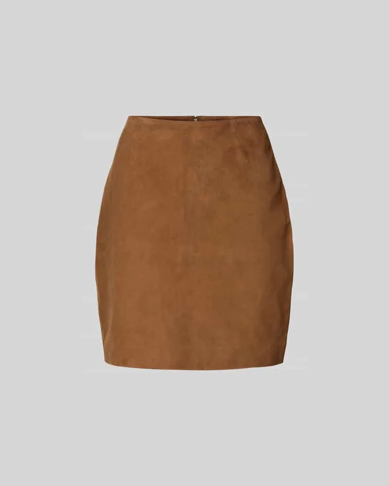 ROTATE Birger Christensen Minirock aus echtem Ziegenvelours Hellbraun