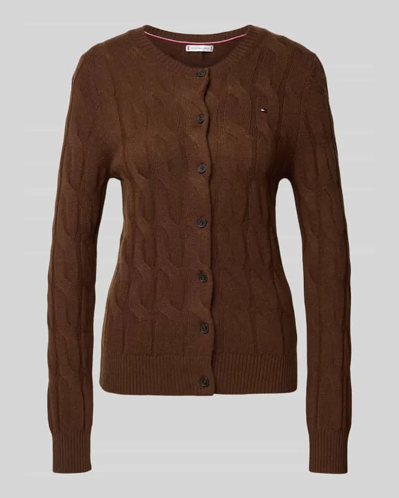Tommy Hilfiger Regular Fit Strickjacke aus reiner Wolle mit Zopf-Muster Mittelbraun