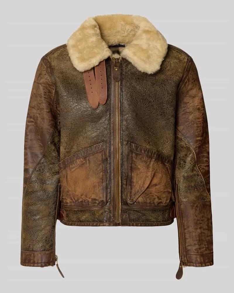 Ralph Lauren Regular Fit Lederjacke mit Lammfellkragen Modell 'ICELANDIC Cognac