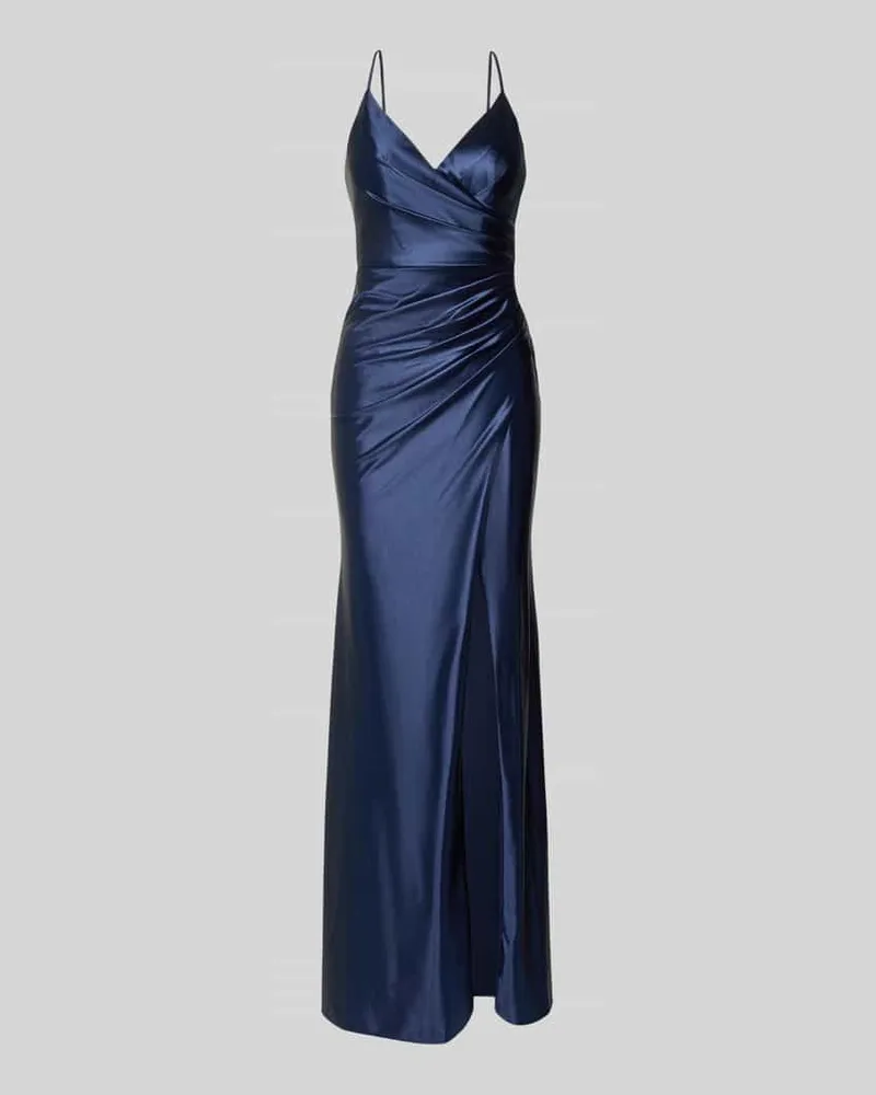 LUXUAR Maxikleid aus Satin mit Drapierungen und Gehschlitz Dunkelblau