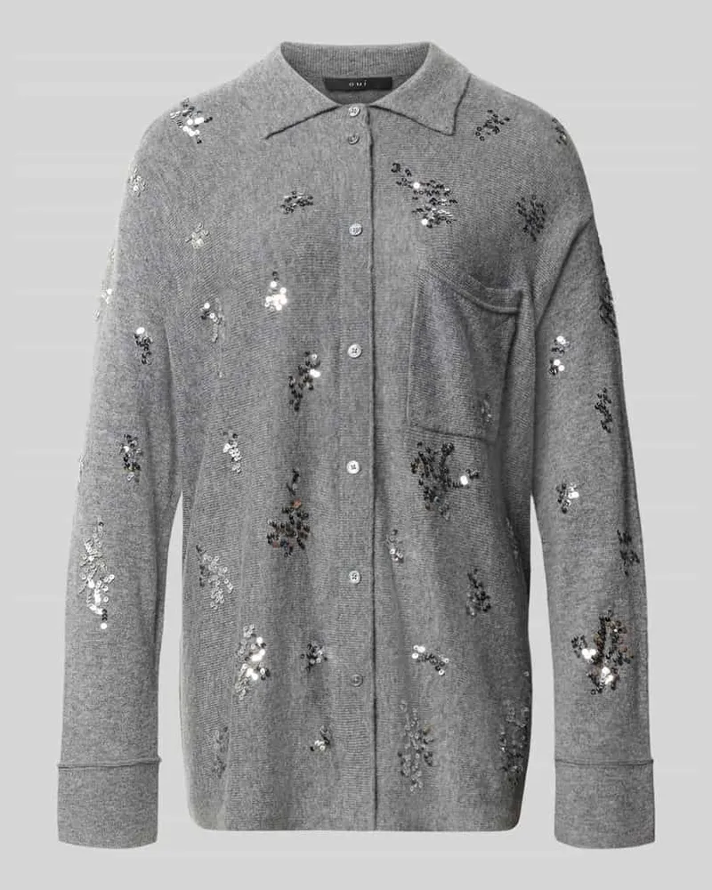 Oui  Strickjacke mit Pailletten und Brusttasche Hellgrau