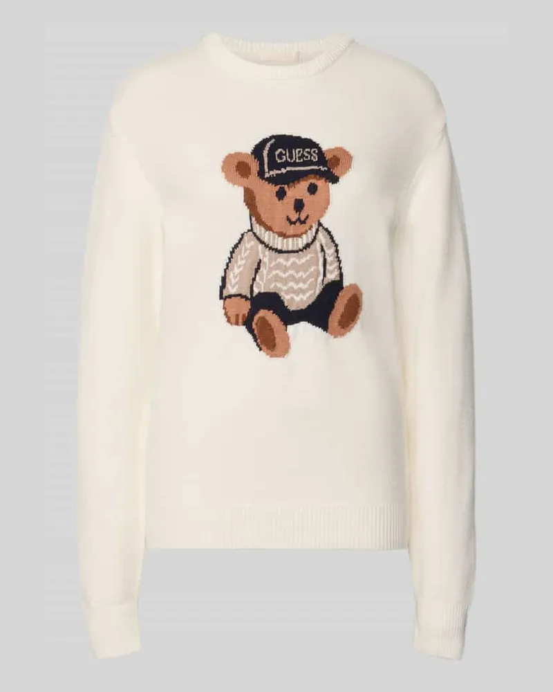 Guess Regular Fit Strickpullover aus Viskose-Mix mit Motiv-Stitching Ecru