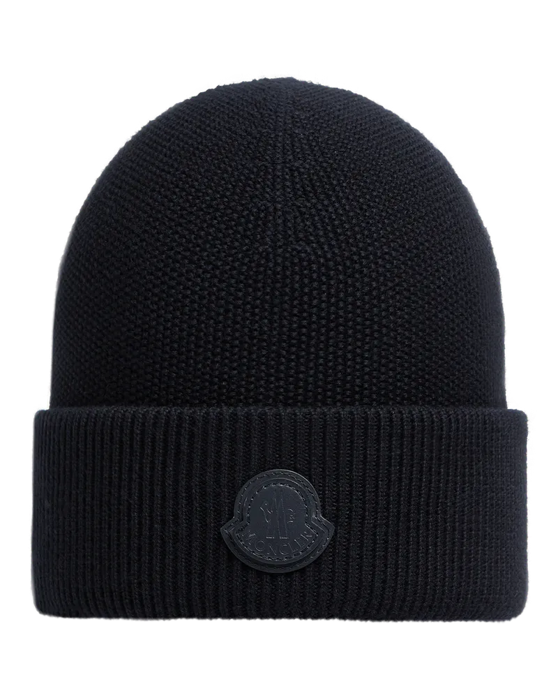 Moncler Mütze aus Baumwolle und Kaschmir mit Leder-Logo Blau
