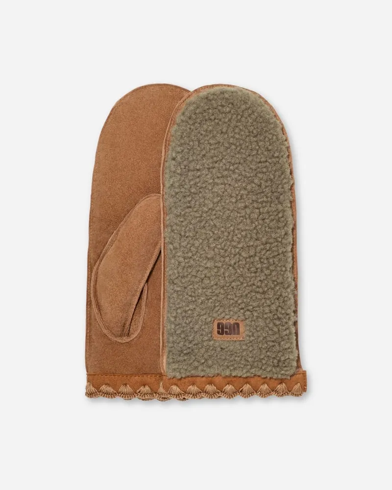 UGG Fäustlinge aus ®fluff mit Muschelrand für Damen in Green, Größe Leder/Fleece Moss
