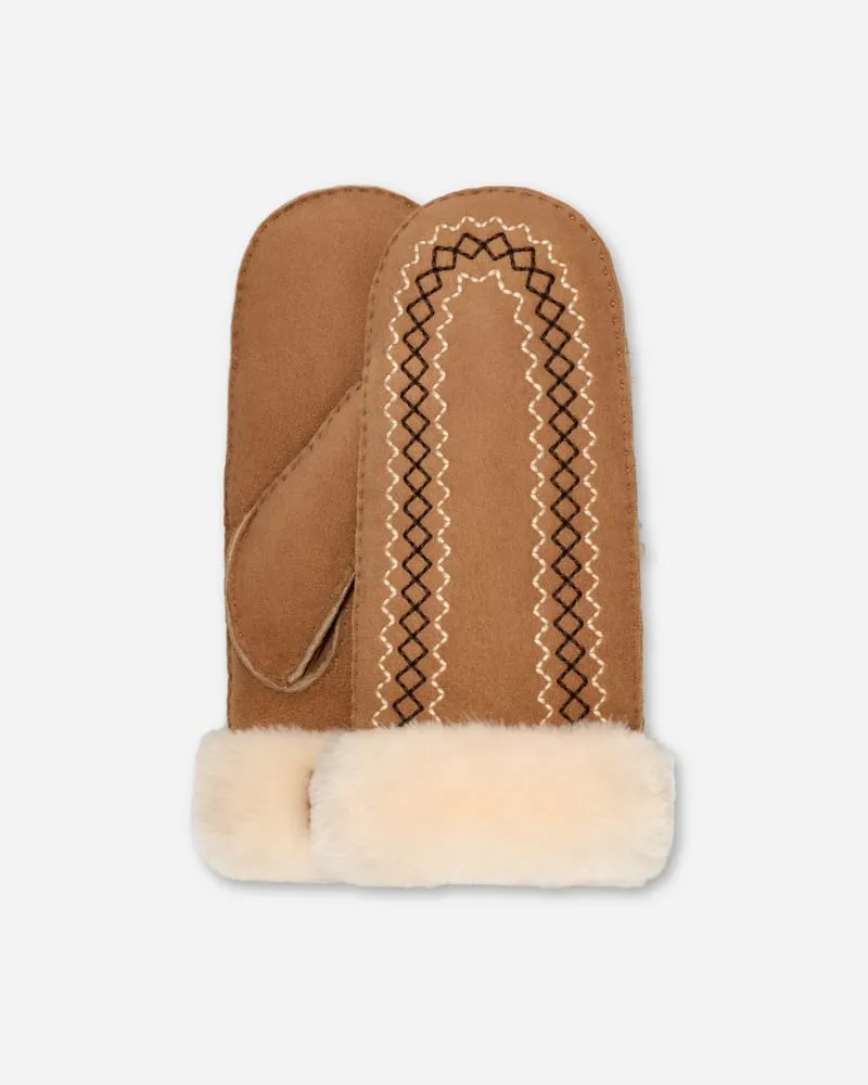 UGG Bestickte Atherson Fäustlinge für Damen in Brown, Größe Schaffell Chestnut