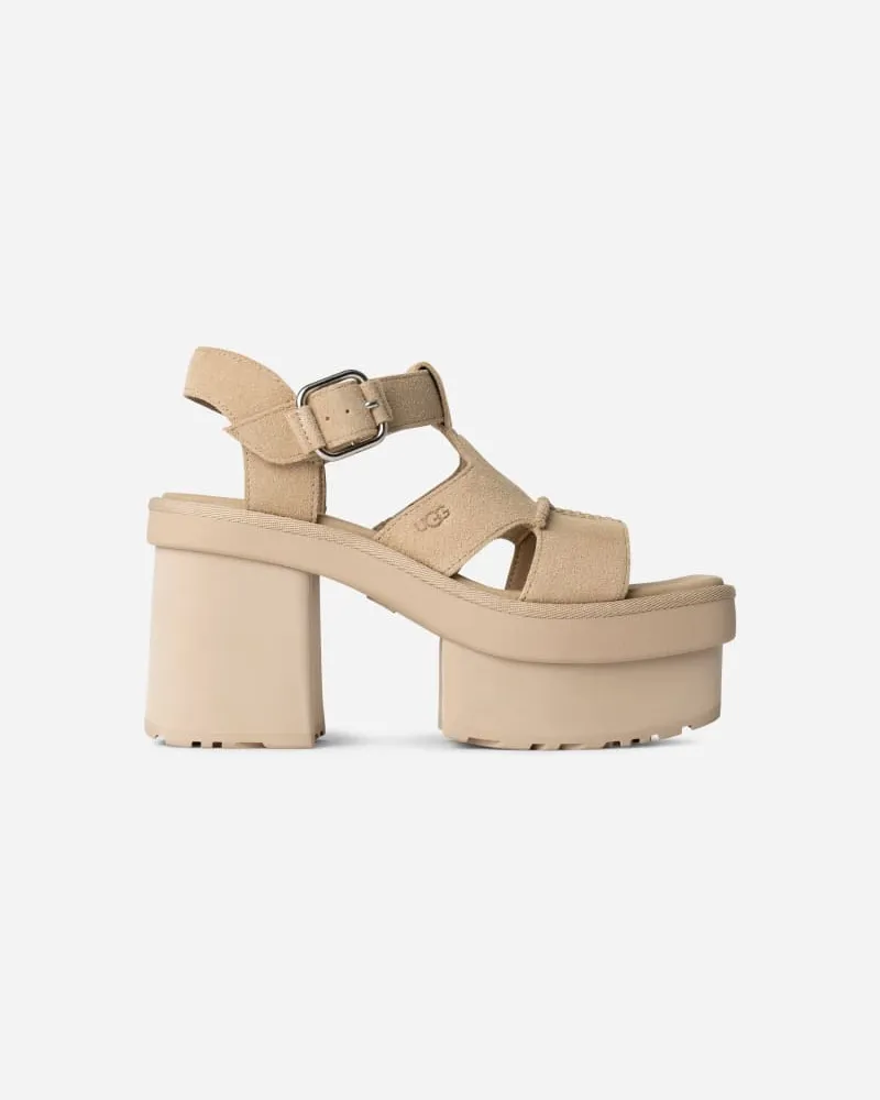 UGG New Heights Plateausandale mit T-Riemen für Damen in Brown, Größe Veloursleder Mustard