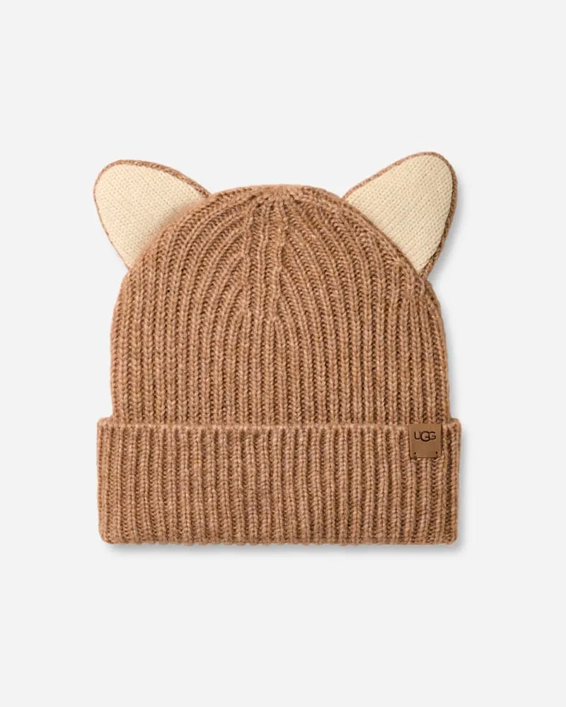 UGG Gerippte Beanie in Katzenoptik für Kinder in Beige, Größe Nylon Camel
