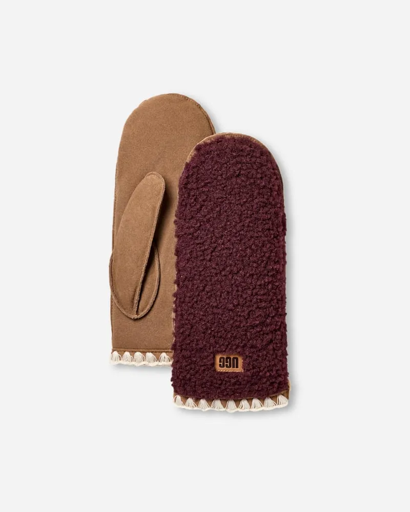 UGG Fäustlinge aus ®fluff mit Muschelrand für Damen in Red, Größe Leder/Fleece Wild