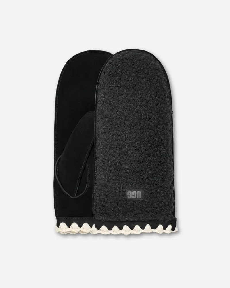 UGG Fäustlinge aus ®fluff mit Muschelrand für Damen in Black, Größe Leder/Fleece Black