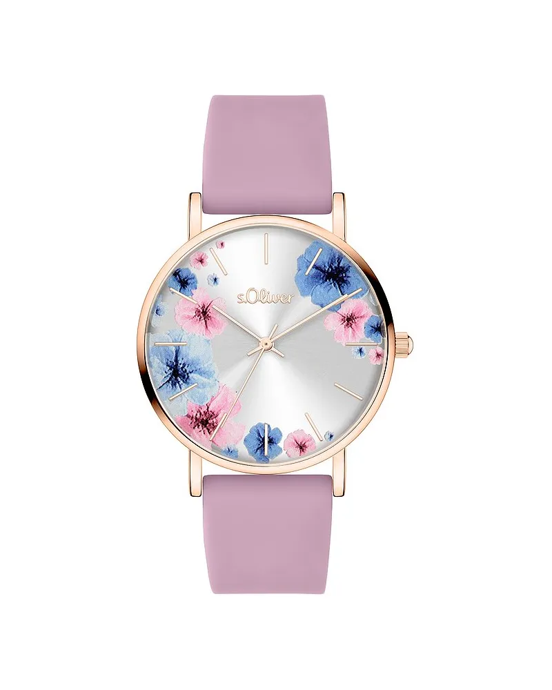 S.Oliver Damenuhr in modernen Farben und schönem Blumenprint auf dem Zifferblatt Roségold